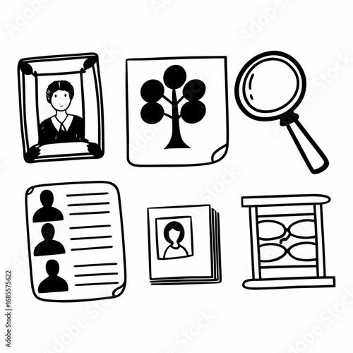Genealogy and family history research elements illustration of tools and documents