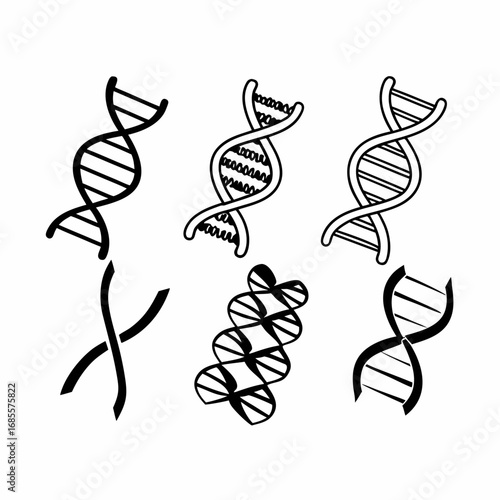 Collection of six unique dna strand illustrations for science and technology projects