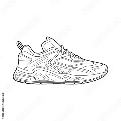 Line art drawing of a modern athletic sneaker shoe