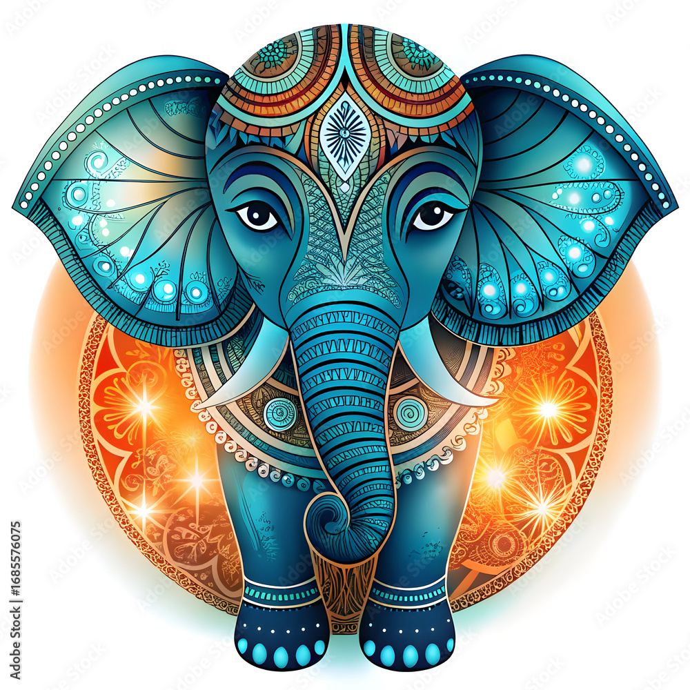 Obraz premium Ornate blue elephant with orange mandala teal