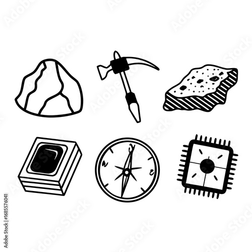 Geology and exploration icons featuring rocks, compass, pickaxe and a chip