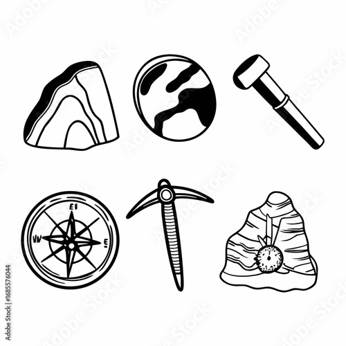 Geology and exploration icons featuring rocks, compass, pickaxe and other tools