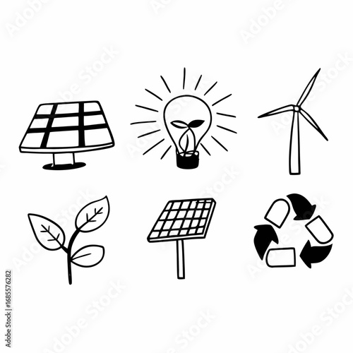 Hand drawn illustration of renewable energy sources and environmental symbols