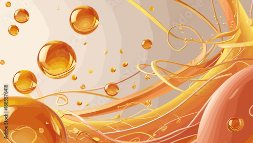 Abstract design with flowing shapes and orange bubbles on a soft gradient background