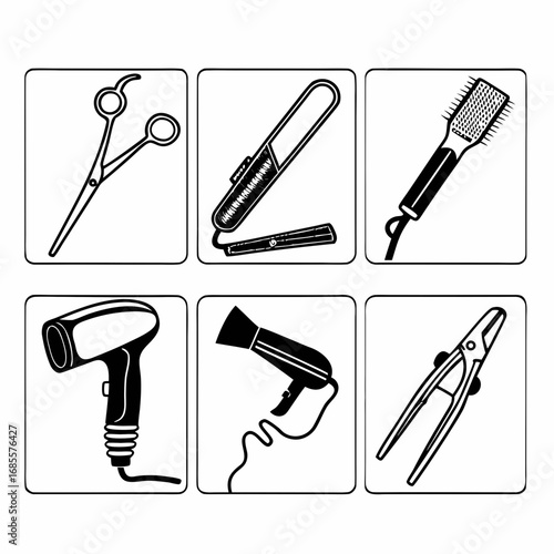 Collection of black and white line art icons depicting various hairdressing tools