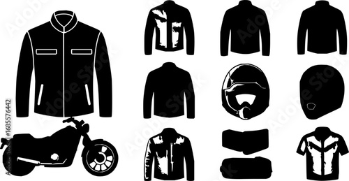 Set of various motorcycle apparel and accessories in vibrant colors