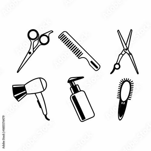Hairdressing tools, including scissors, comb, hair dryer and shampoo bottle