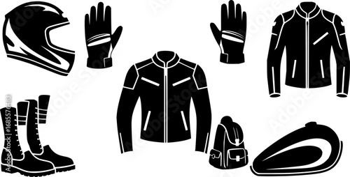 Set of various motorcycle apparel and accessories in vibrant colors
