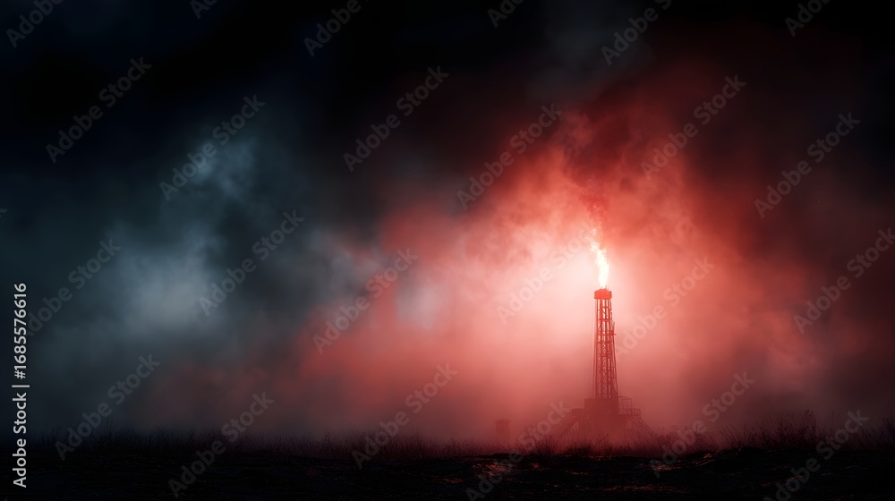 Fototapeta premium A dramatic night scene of an industrial oil flare stack burning intensely surrounded by thick glowing red and dark smoke
