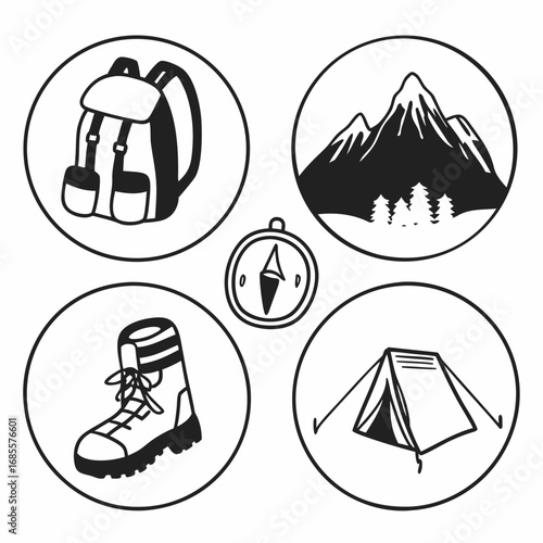 Hiking and camping icons for outdoor adventure and travel planning