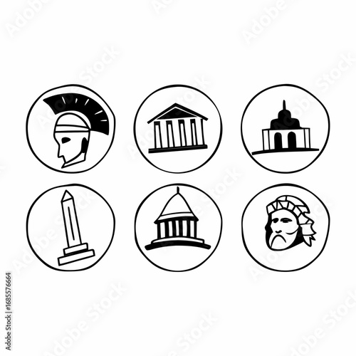 Set of ancient roman icons featuring architecture and historical figures