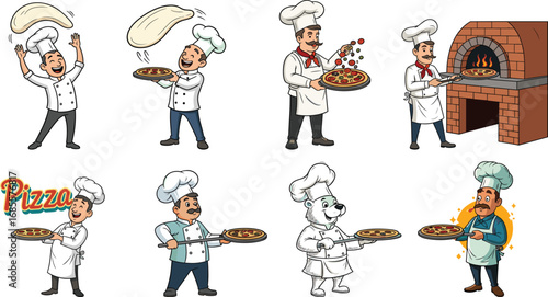 Cartoon pizza chef characters cooking, tossing dough, serving hot pizza, perfect for restaurant logo, menu design, posters, food branding