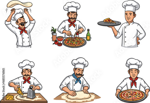Cartoon pizza chef characters cooking, tossing dough, serving hot pizza, perfect for restaurant logo, menu design, posters, food branding