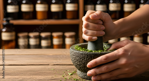 Ayurvedic Herbal Grinding with Mortar - Pharmacy Copy Space