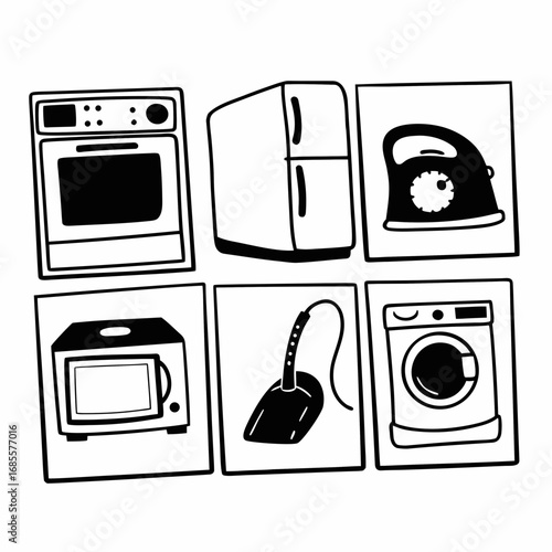 Selection of home appliances in square frames, vector illustration