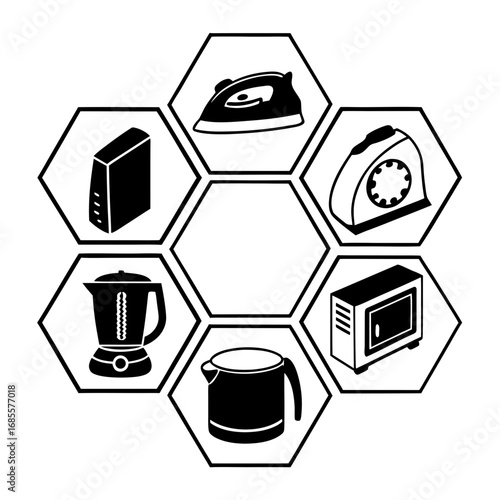 Collection of home appliances in hexagonal frames, vector illustration