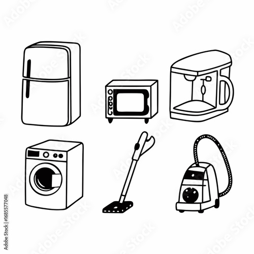 Household appliances line art refrigerator, microwave, coffee maker, washing machine, vacuum cleaner