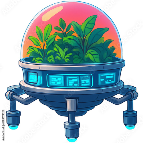 Futuristic plant incubator with vibrant green foliage under a clear dome, showcasing advanced technology and sustainable growth