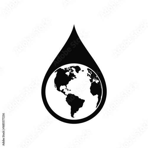 Earth globe inside water drop silhouette symbol