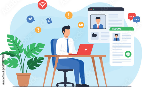 Online job interview, candidate profile review, virtual hiring process, resume evaluation, remote recruitment, business interview scene, digital hiring workflow