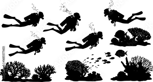 Silhouettes of scuba divers exploring underwater world with coral and fish in black and white style | editable eps vectors
