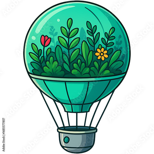 Hot air balloon carrying a lush green garden with various plants and flowers, symbolizing nature and eco-friendliness