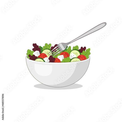 A white bowl filled with salad including lettuce tomatoes cucumbers and feta cheese with a fork in it