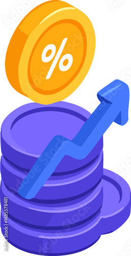 This image shows an isometric illustration of stacked purple coins with a large golden percentage symbol coin on top and a blue upward arrow indicating financial growth or rising interest rates.