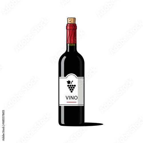 Illustration of a dark wine bottle with a red top and a white label with a grape design and the word vino