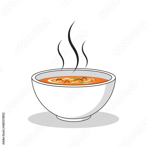 Illustration of a bowl of soup with steam rising from it on a white background with a light shadow