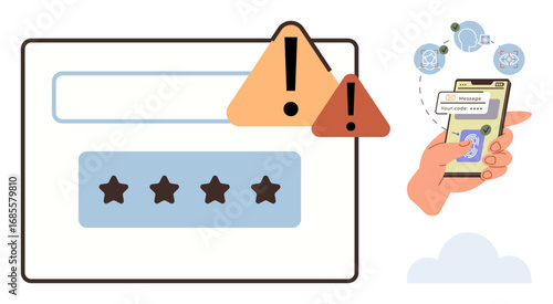 Password field with stars and warning signs beside a smartphone showing app security issues. Ideal for cybersecurity, phishing danger, digital safety, login protection, online threats, tech