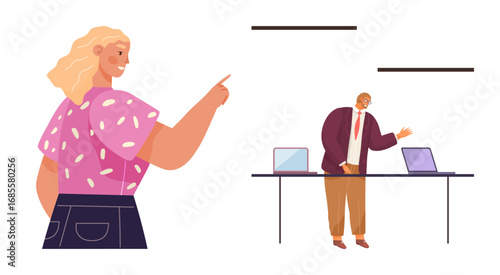 Woman gestures assertively while a man explains ideas at a table with laptops. Ideal for teamwork, communication, office dynamic, leadership, business strategy, planning, guidance. Simple flat