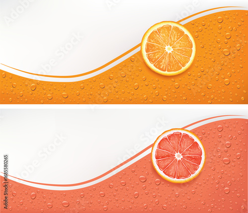 Orange and grapefruit concept backgrounds with many fresh juicy drops on different color background	
