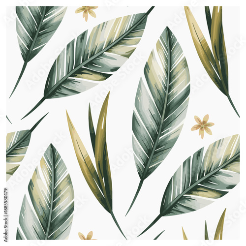 Tropical Leaves" is a fresh and vibrant design featuring lush green leaves in various shapes, complemented by delicate yellow flowers. The soft watercolor effect on the leaves creates a natural.