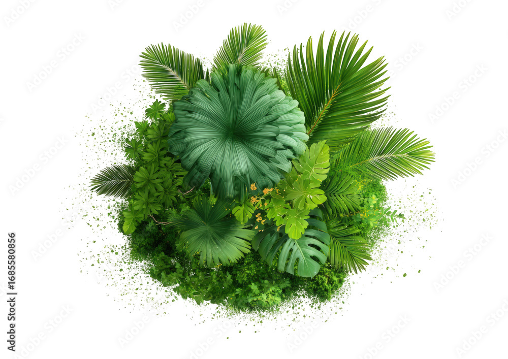 Fototapeta premium Top-down view of a lush, green, tropical plant arrangement