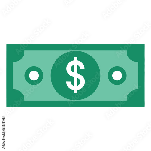 A simplified green dollar bill illustration with a prominent white dollar sign in the center, representing finance and currency