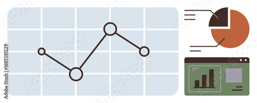 Wallpaper Mural Line graph on grid, pie chart with labels, bar graph on screen. Ideal for data analysis, business growth, statistics, visualization, trends, market research simple flat metaphor Torontodigital.ca