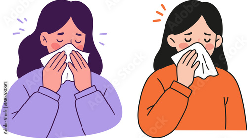 Two women blowing their noses while feeling unwell in colorful clothing  