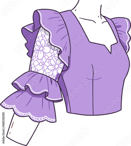 Stylish purple blouse with ruffled sleeves and lace details  