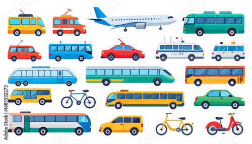 Flat vector transport and vehicle icons including car, bus, train, and airplane