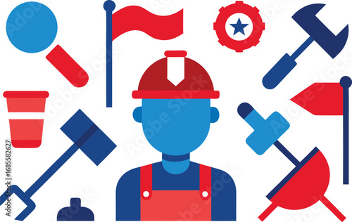 Labor day workers tools flags collection vector illustration for festive celebrations
