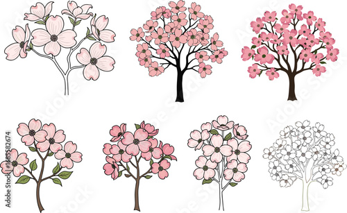 PrintDogwood Blossom Tree Clipart Collection in Hand-Drawn and Flat Styles for Spring Floral Design, Botanical Illustration, and Vector Art