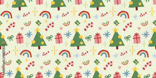 Playful Christmas seamless pattern with trees, candy canes, gifts, and rainbows