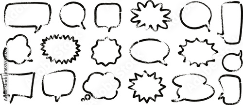 Hand drawn black marker speech bubbles, blank chat balloons in various shapes. Rough sketch comic cloud bubble, dry permanent markers dialog balloon, grunge empty conversation message vector set