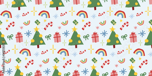 Playful Christmas seamless pattern with trees, candy canes, gifts, and rainbows