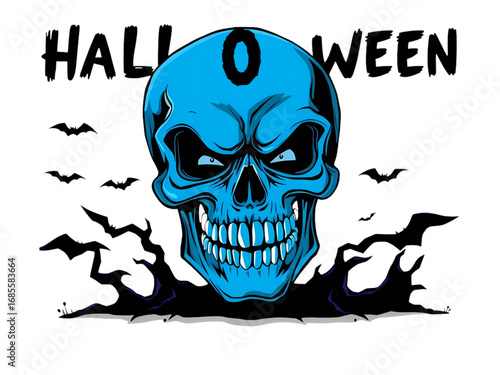 Unleash a Terrifying Vibe with this Unique Halloween Day Vector Illustration, Showcasing a Fierce Blue Skull with a Sinister Expression.
