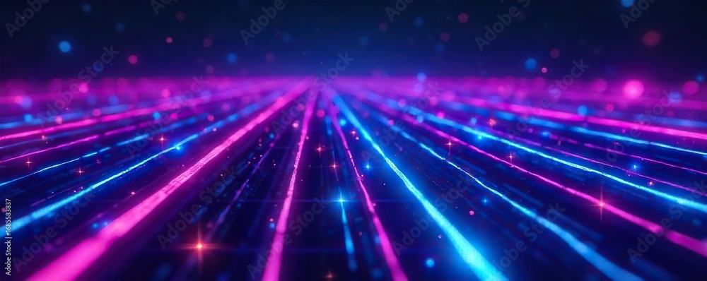 Obraz premium Abstract glowing neon lines forming a futuristic light grid, vibrant energy pulses in electric blue and purple hues, perfect for technology, science fiction, or energy themes , energy, pattern