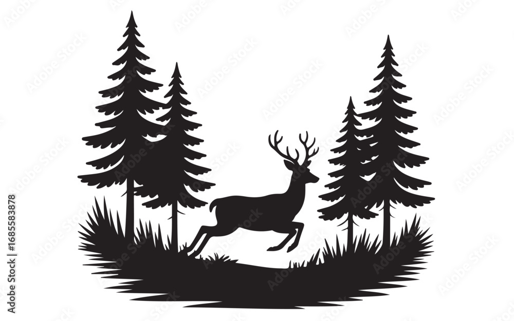 Obraz premium Wildlife Vector of Deer Silhouette with Pine Forest Trees