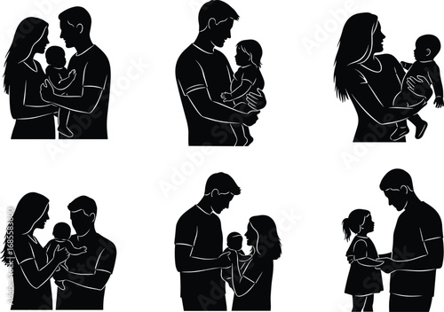 PrintSilhouette of Parents with Children in Loving Family Moments, Father and Mother Holding Baby and Daughter, Family Bond Vector Art
