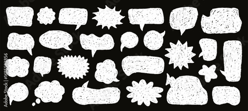 White chalk speech bubbles in various shapes, hand drawn blank chat balloons. Grunge crayon textured dialog balloon, empty comic cloud bubble, rough sketch conversation message silhouette vector set